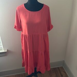 MULTIPLES Ruffle Short Sleeve Scoop Neck 2-Pocket Tiered coral Boho‎ Dress Sz M